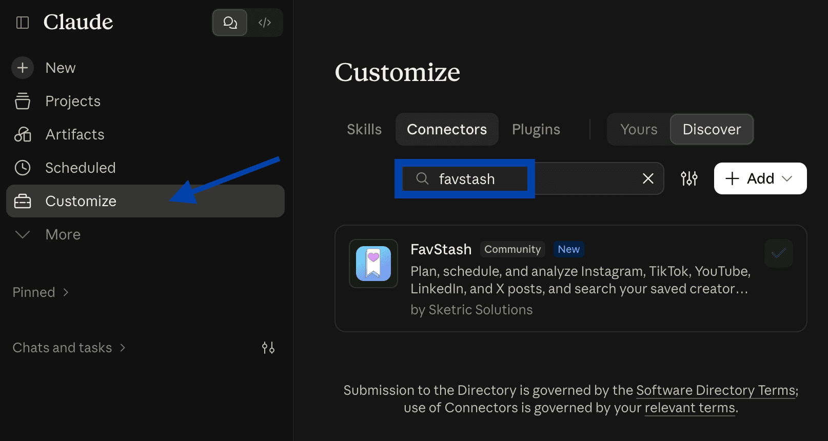Claude Customize → Connectors → Discover, with “favstash” in the search box and the FavStash connector in the results