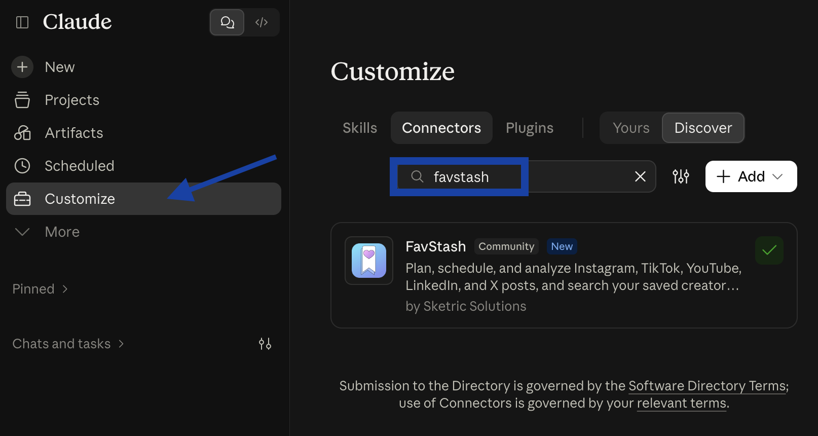 Claude Customize → Connectors → Discover, with “favstash” in the search box and the FavStash connector in the results